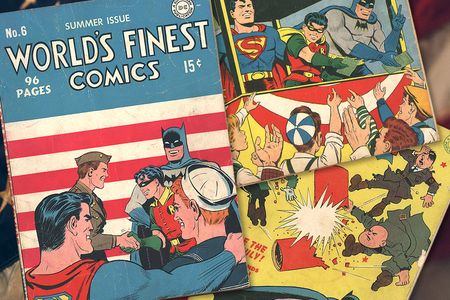 With the world on the brink of destruction, three of the earliest comic&nbsp;book superheroes (above: an array of 1940s covers from the Smithsonian collections)&nbsp;joined in the war effort, hawking bonds, boosting morale and entertaining troops.