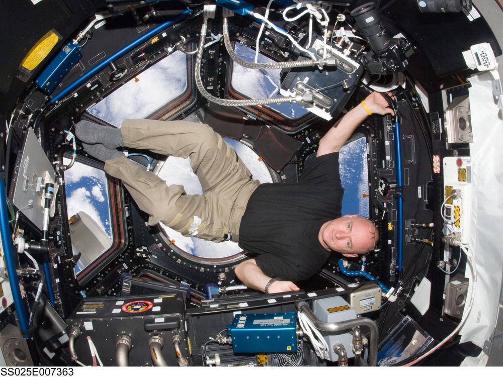 Astronaut Scott Kelly is sideways in the Cupola of the International Space Station