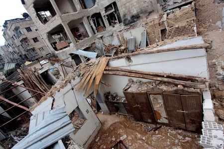 A general view shows damaged buildings in the Douma neighborhood of Damascus in Syria on February 24, 2015.

