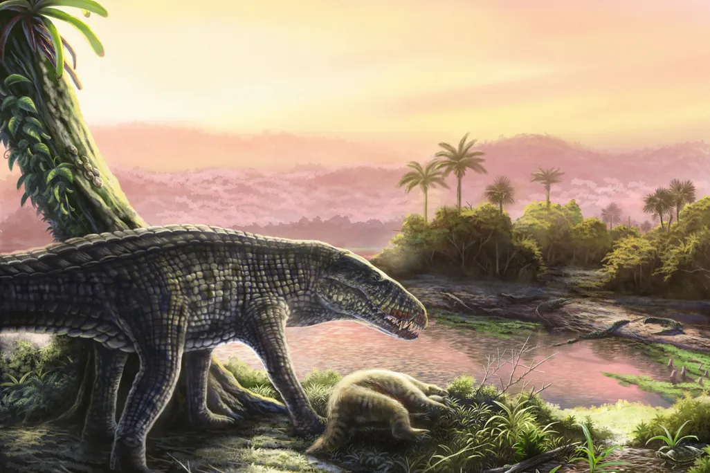 Illustration of a sebecid standing over its prey, a ground sloth, in ancient Hispaniola.