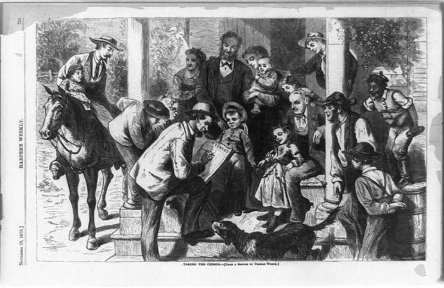 A black and white illustration of a census taker talking to a group of men, women, and children outside a building