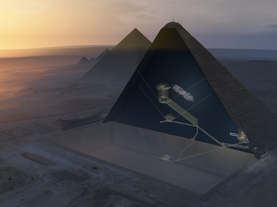 3D illustration showing an aerial view of the Khufu pyramid with the new "Big Void."