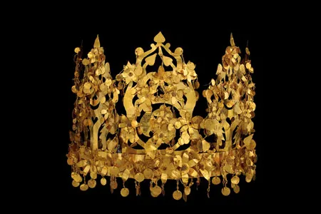Crown from the Tillya Tepe, Tomb VI, 1st century BC - 1st century AD.  Crown is gold and imitation turquoise