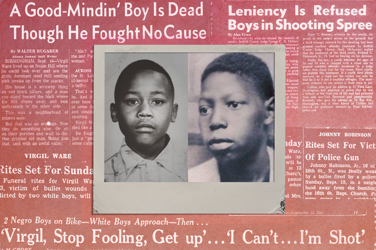 An illustration of Virgil Ware and Johnny Robinson in front of newspaper articles about their deaths