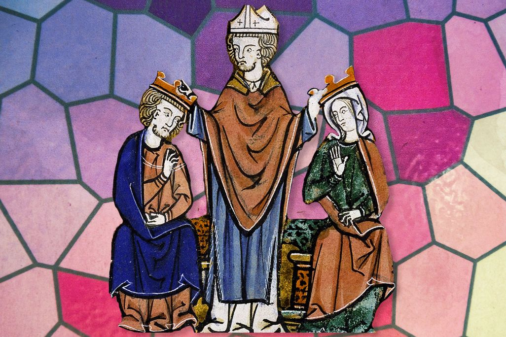Illustration of the coronation of Melisende and Fulk against a stained glass background