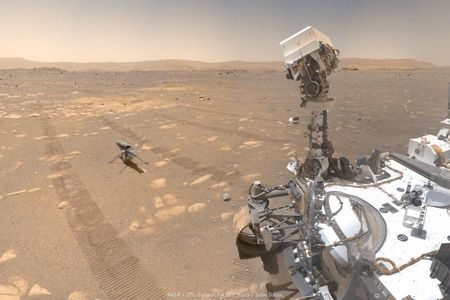 The Perseverance captured this image of itself and the Ingenuity Mars Helicopter days before its maiden flight. (NASA/ JPL-Caltech/ ASU/ MSSS/ Seán Doran)