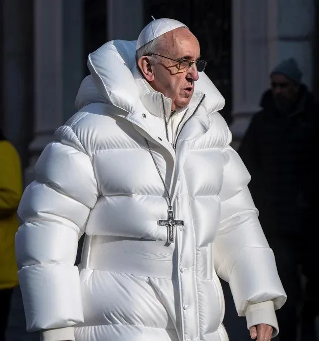 Pope Francis in a white puffer jacket, AI-generated