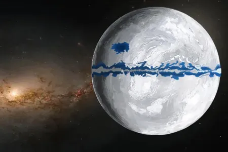 An illustration of the Snowball Earth with some open water around the equator and a newly proposed patch of ocean at mid-latitudes