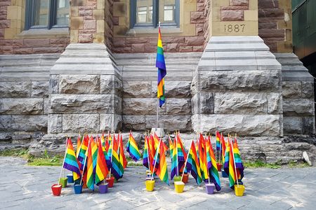 A memorial in solidarity with the victims of the Pulse nightclub shooting in Orlando in front of Montreal's St. James United Church.