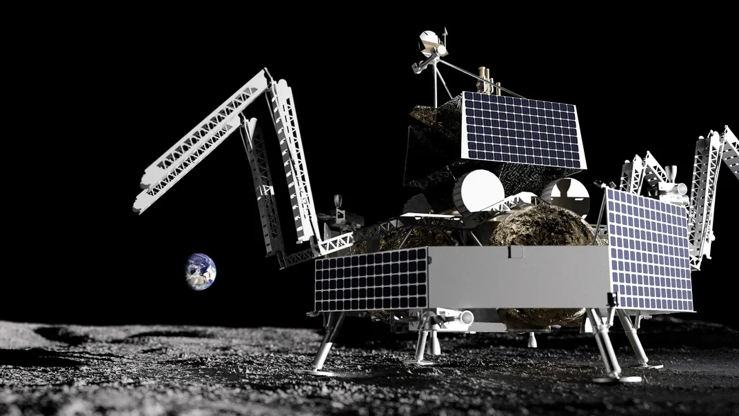 a lunar lander with solar panels sits on the moon, with the Earth visible in the background (illustration)