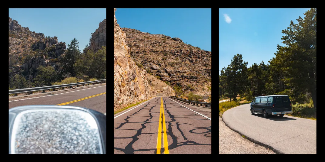 three vertical shots of a car's side mirror, a mountain road and a truck driving on a rugged road
