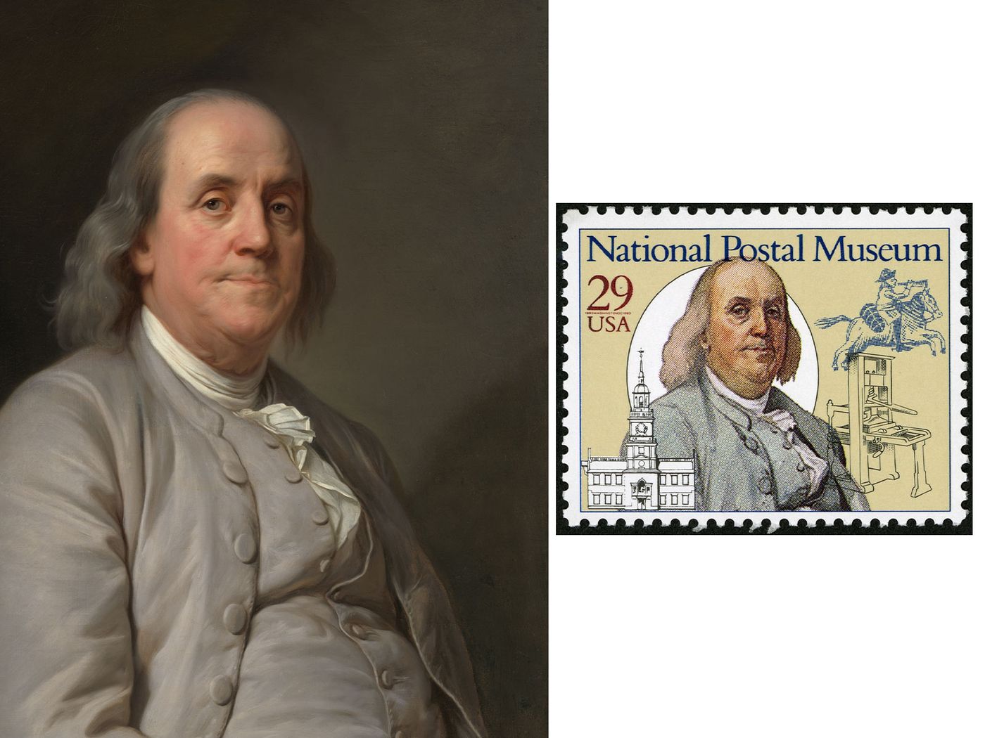 Ben Franklin in portrait and in a stamp