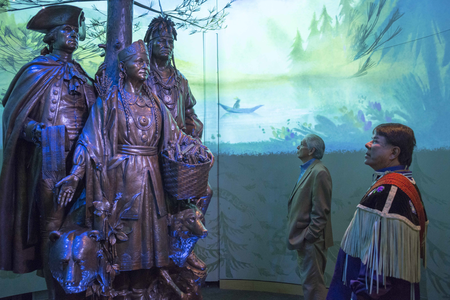 Kevin Gover, director of the National Museum of the American Indian, and Ray Halbritter, Oneida Indian Nation representative and CEO of Oneida Indian Nation Enterprises, at the dedication of the new interpretive sound, light, and imagery around the sculpture “Allies in War, Partners in Peace.” (Katherine Fogden [Mohawk], National Museum of the American Indian)