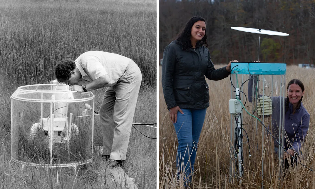 Black and white photo of a scientist bending over an open-top chamber in a grassy marsh. Right: Two women smile on either side of an experimental wetland chamber with a blue rim, one standing and one kneeling.