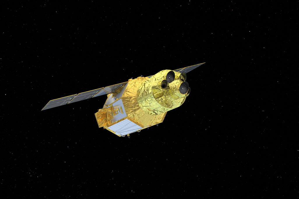 A rendering of a gold-coated, cylindrical spacecraft with its solar panels spread open as it glides through space.