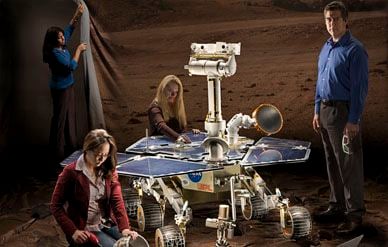 Engineers at NASA's Jet Propulsion Laboratory pose with a backup Mars Exploration Rover. From left: Nimisha Mittal, Pauline Hwang, Sharon Laubach, and Alfonso Herrera.