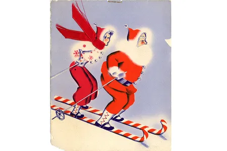 Mid-century Santa and Mrs. Claus on candy canes skis.