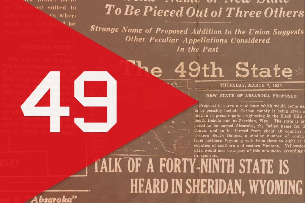 An illustration of Absaroka's proposed flag, overlaid atop newspaper headlines about the movement