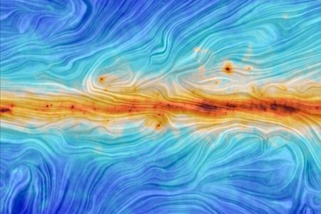 This visualization, built using data from the Planck satellite, shows the swirls of the Milky Way's magnetic field. The orange region represents the galactic plane.