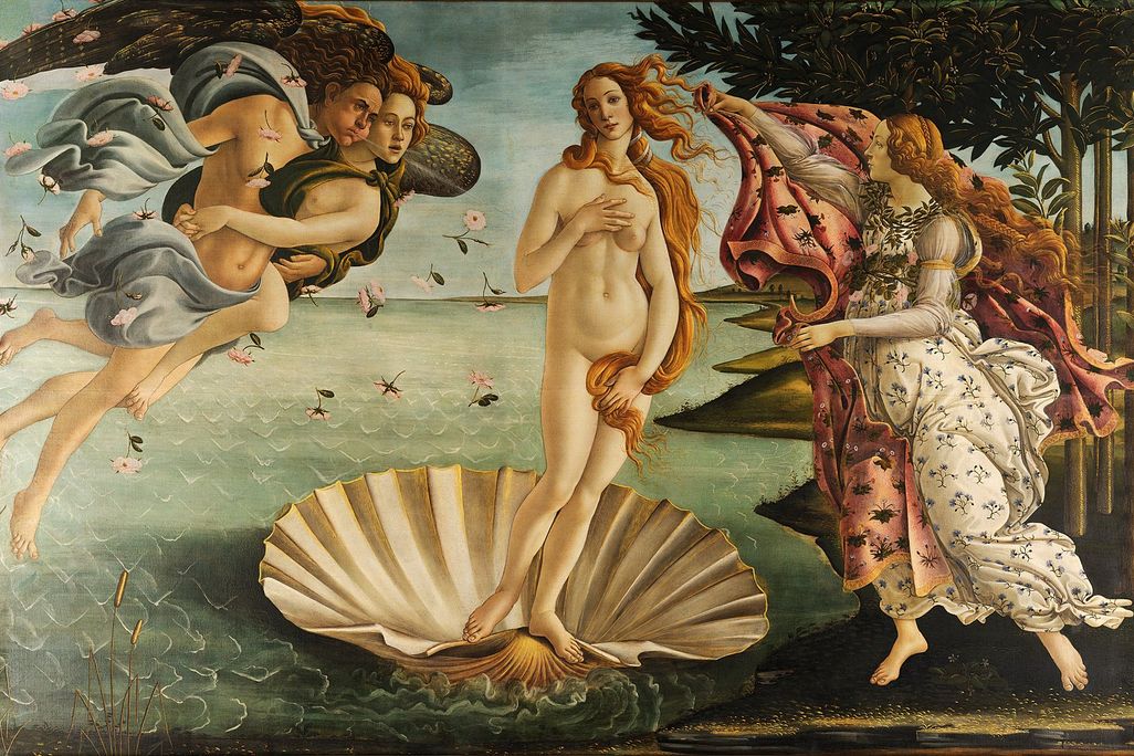 An image of Sando Botticelli's painting La nascita di Venere, or Venus' Birth. The painting features a nude woman standing on a shell.