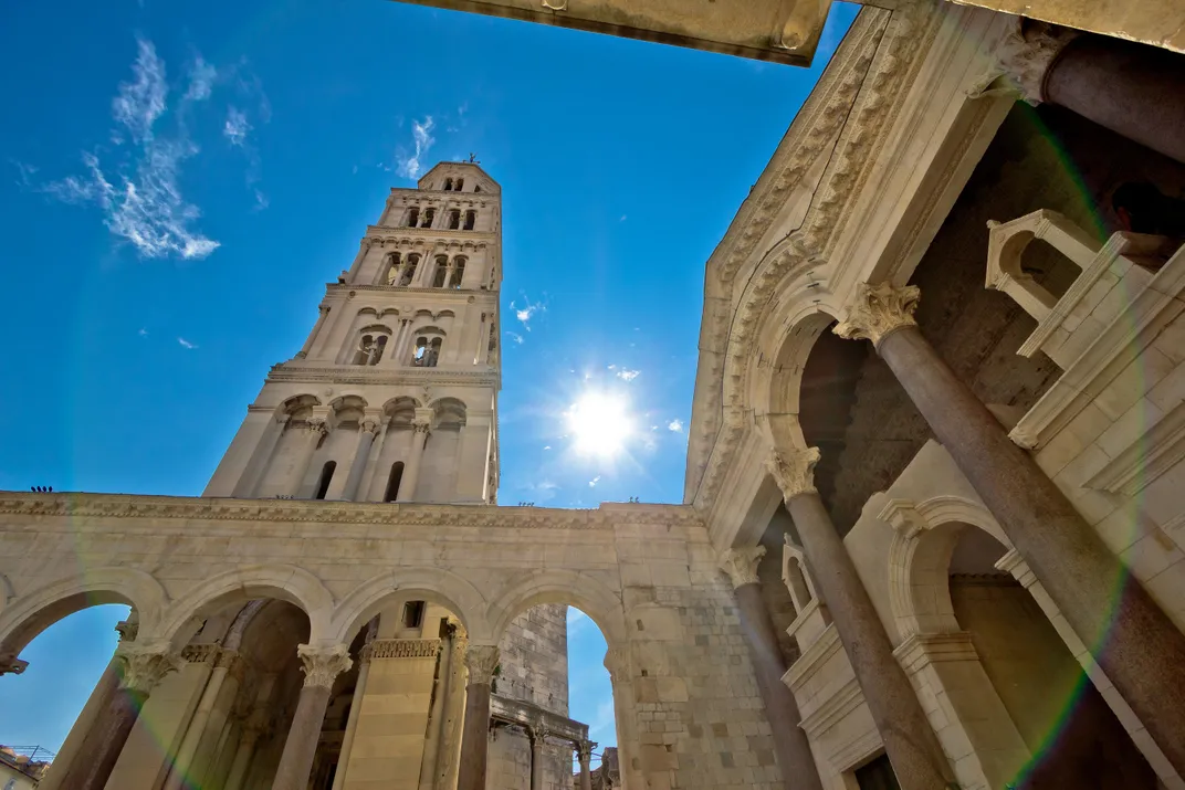 Remains of Diocletian's Palace and the cathedral tower in Split