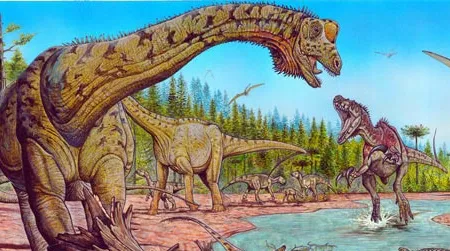 The giant sauropod Futalognkosaurus (at left) with some of its Cretaceous neighbors.