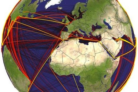 The brighter colored and thicker lines indicate a higher bio-invasion risk.