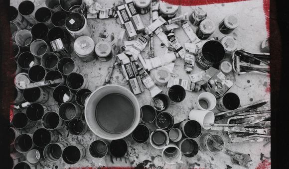 Gene Davis' studio, summer 1971, detail from contact sheet with images of Andrew Hudson, Bill Christenberry, and Gene Davis, 1979 / Mary Swift, photographer. Mary Swift papers, circa 1970-2005. Archives of American Art, Smithsonian Institution.
