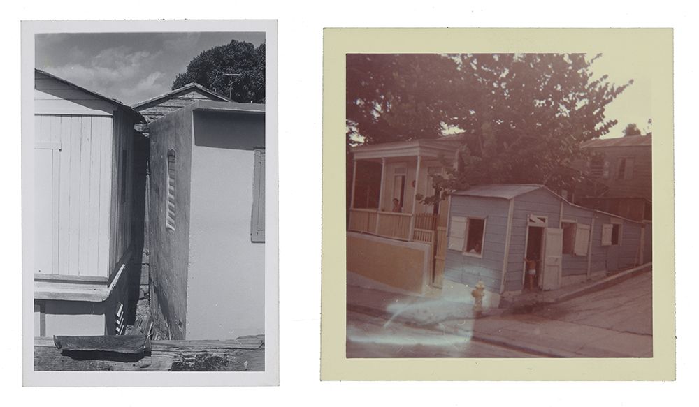 Left image is of a black and white photograph of two structures built at a sharp angle to one another. Image on right is of two wooden structures, one blue and one yellow, built very close together on a corner, with a large tree behind them. 