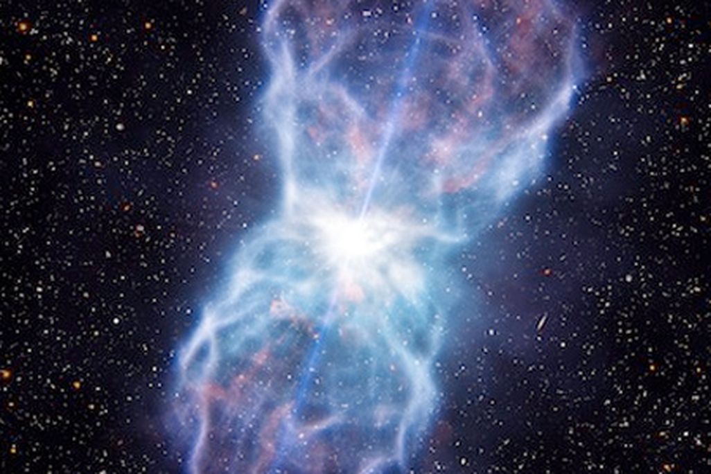 An artist’s rendering of the matter ejected from the quasar SDSS J1106+1939 surrounding a black hole.