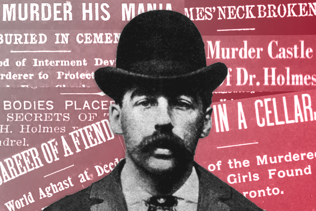 Illustration of H.H. Holmes in front of newspaper headlines