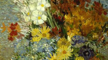 Photo of the painting “Flowers in a blue vase” by Vincent van Gogh. The discoloration is located on the right side of the bouquet.