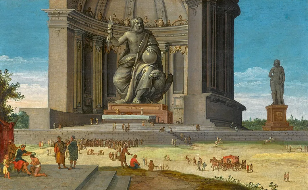 A fanciful depiction of the Phidian statue of Zeus in Olympia, with the Olympic Games taking place in the foreground