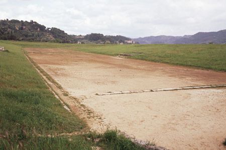 A view of the ancient ruins of the Stadium at Olympia with its centerpiece 210-yard track.