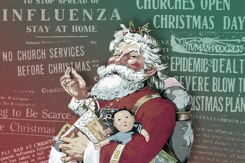 Illustration of Santa Claus in front of newspaper headlines regarding Christmas 1918