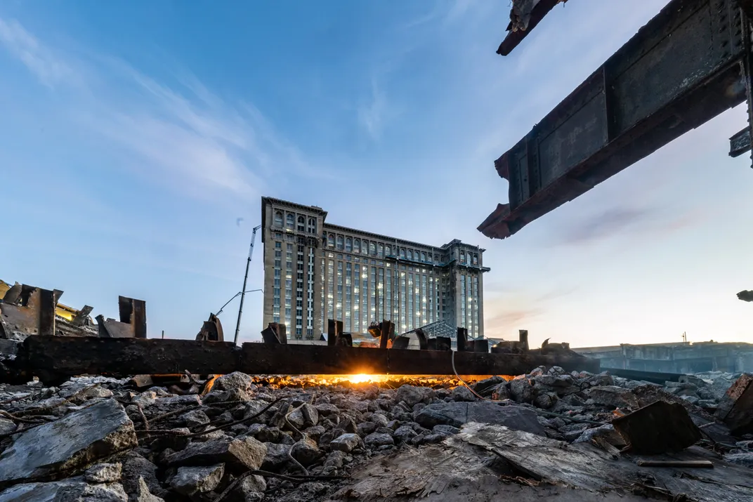 Exterior of Michigan Central Station during renovation