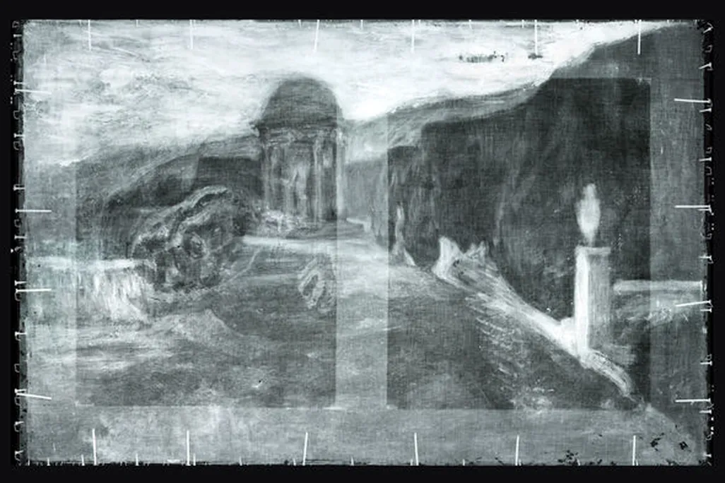 A black and white image of a mountains with a small white gazebo far off in the distance
