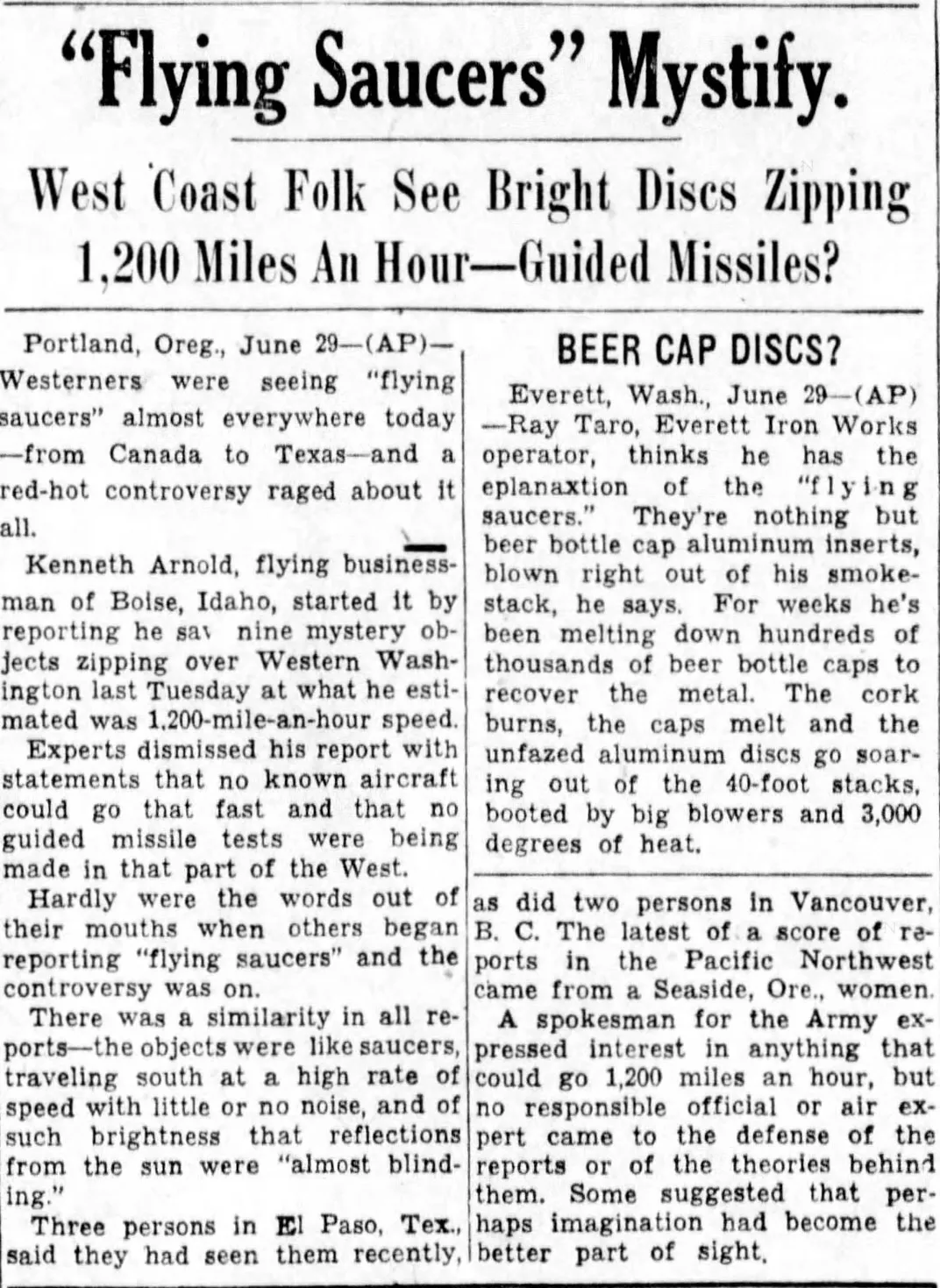 A 1947 newspaper article about flying saucers