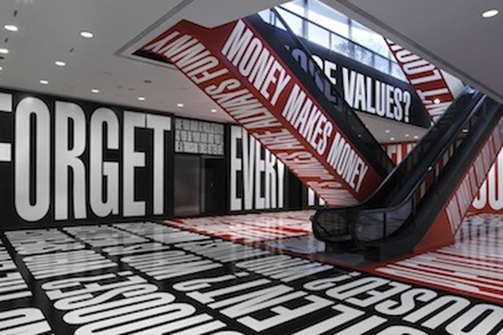 The artist’s black, white and red phrases titled Belief+Doubt exist outside the traditional galleries.