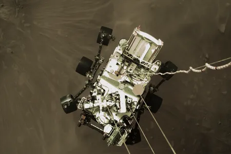 Perseverance landed on Mars using a sky crane, which hovers above the planet's surface and drops the rover on ropes. 