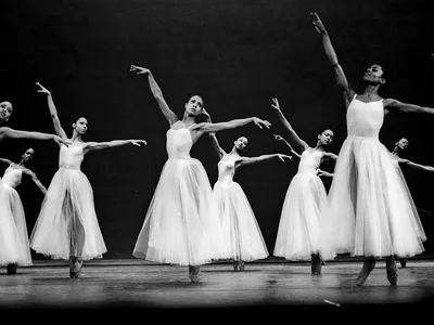 Karlya Shelton, front and center, with the swans, performing George Balanchine&#39;s choreography for a Tchaikovsky serenade in 1979.