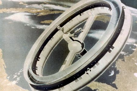 The classic wheel-shaped space station concept of the 1950s.