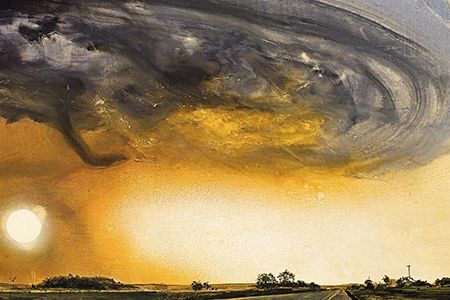 Many works by Alexis Rockman are "a portent of events to come," says curator Joanna Marsh. The artist's 2006 Hurricane and Sun suggests menacing weather.