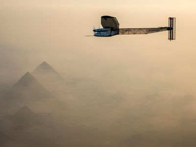 Solar Impulse 2 flies over Cairo, Egypt on July 13, 2016. 