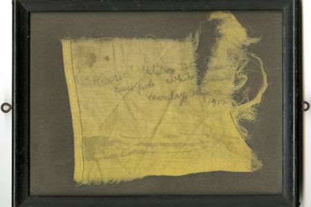 Fragment from a flag that read "'Kaiser' Wilson Banner East Gate White House Monday, August 13, 1917." The original banner read "Kaiser Wilson Have You Forgotten Your Sympathy With the Poor Germans Because They Were Not Self-Governed? 20,000,000 American Women Are Not Self-Governed. Take the Beam Out of Your Own Eye"