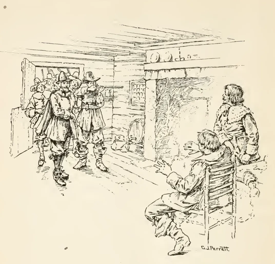 An early 20th-century illustration of Morton's arrest by Myles Standish