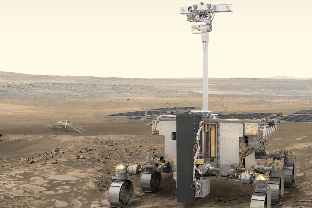 Illustration of a six-wheeled martian rover on a desert-like landscape
