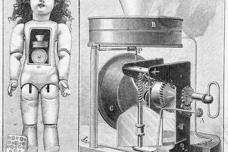 An original schematic of Thomas Edison's speaking doll showing the phonograph mechanism inside