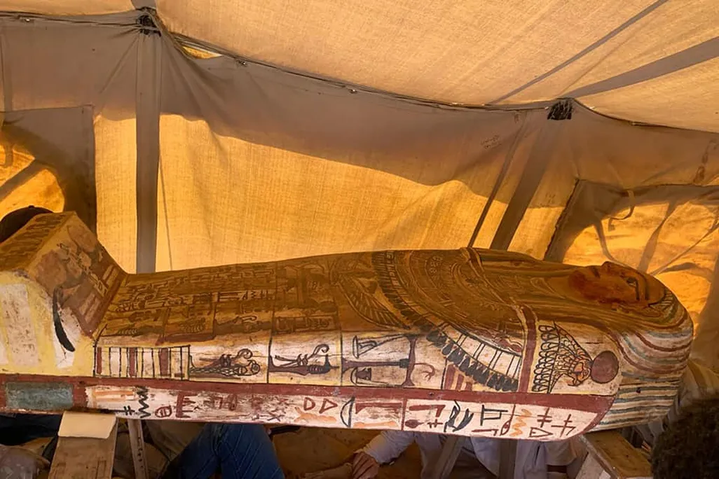One of the 14 newly unearthed coffins