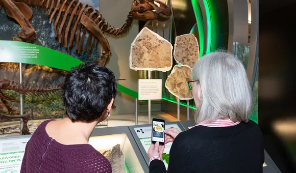 Museum staff, Laura Donnelly-Smith and Sally Love, try out the new audio description app in the “Hall of Fossils – Deep Time.” (Lucia RM Martino, Smithsonian Institution)